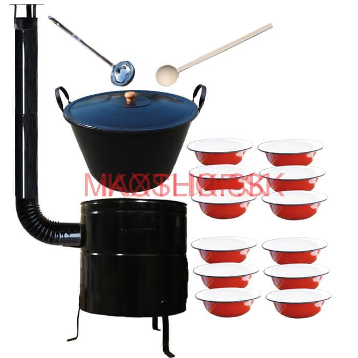 Smaltovaný kotol 100 L + smaltované taniere 12 ks + vareška a naberačka BIG PARTY