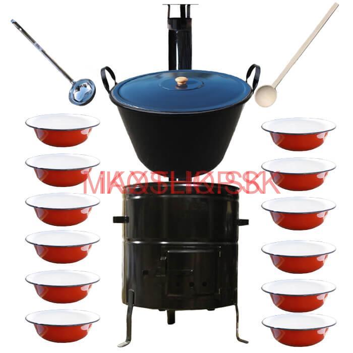 Smaltovaný kotol 100 L + smaltované taniere 12 ks + vareška a naberačka BIG PARTY