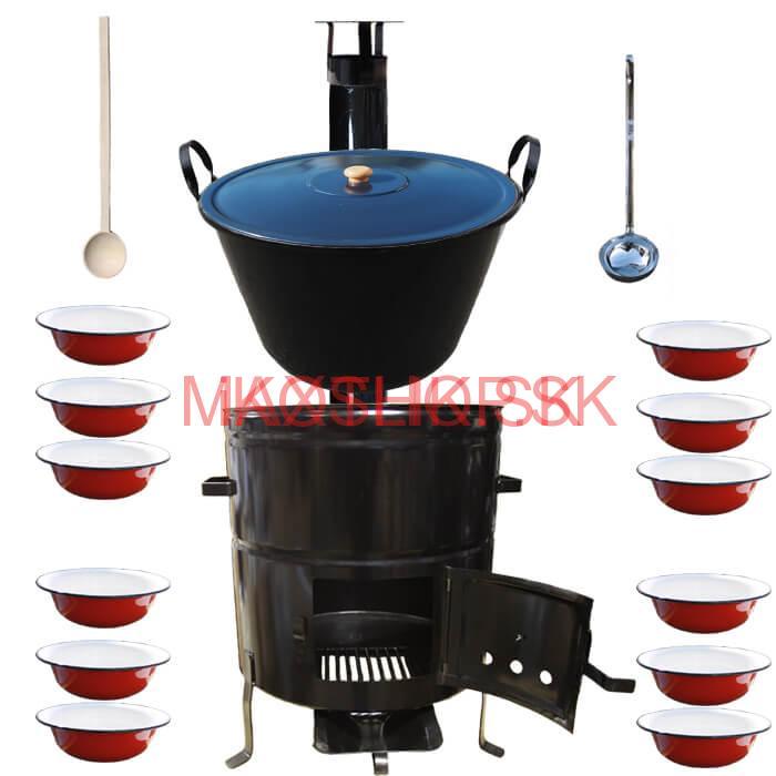 Smaltovaný kotol 100 L + smaltované taniere 12 ks + vareška a naberačka BIG PARTY