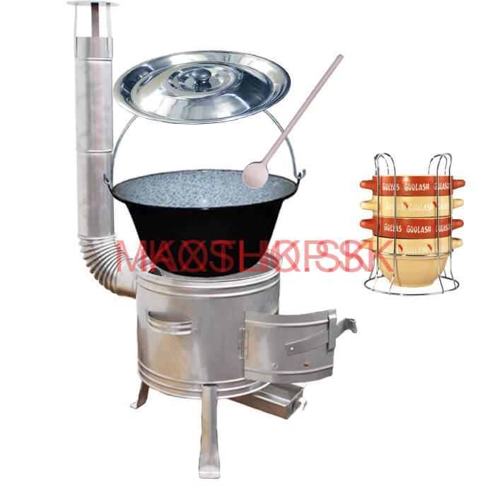 Smaltovaný kotlík 30 L + panvica na grilovanie + teleskopická trojnožka