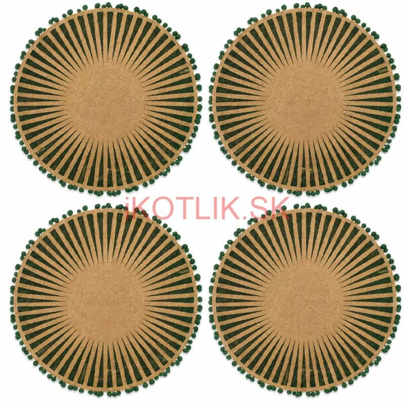 Okrúhle jutové podložky pod tanier zelené s pompónmi 37 cm, 4 ks