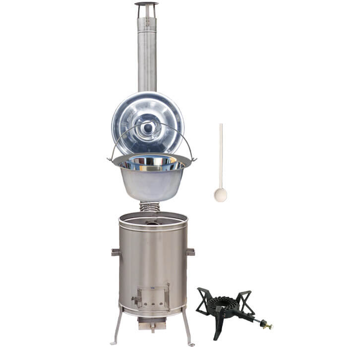 Antikorový kotlík 22 L (0,8 mm) + nerezová kotlina 42 cm + liatinový horák 7 kW, vareška LUX