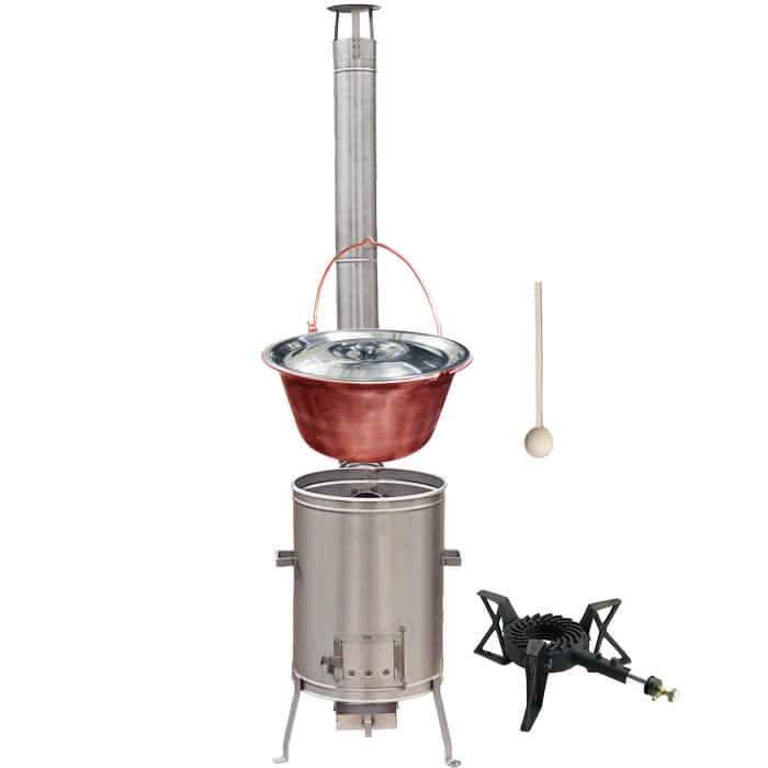 Medený kotlík 14 L (1,2 mm) + nerezová kotlina 36 cm + liatinový horák 7 kW, vareška LUX