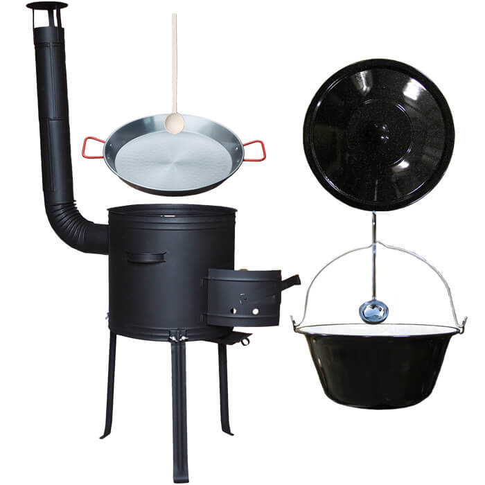 Smaltovaný kotlík 20 L + Paella panvica 46 cm + kovová kotlina s vysokými nožičkami 42 cm, žiaruvzdorná farba Plus 700