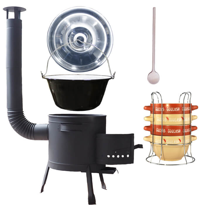 Smaltovaný kotlík 22 L (1,2 mm) + misky na guláš 4 ks + nízka žiaruvzdorná kotlina 42 PLUS 600