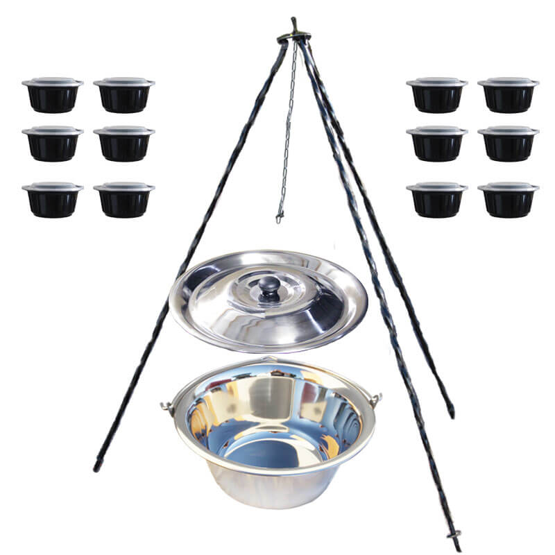 Nerezový kotlík 8 L (0,8 mm) + antikorová pokrievka + stojan + misky 12 ks