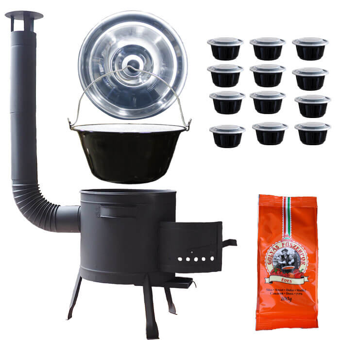 Smaltovaný kotlík 20 L (1,2 mm) + pokrievka + misky 12 ks + nízka žiaruvzdorná kotlina (0,8 mm) 42 PLUS 600