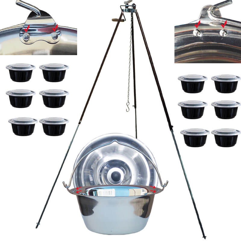 Antikorový kotlík 30 L (0,8 mm) s nitmi + teleskopická trojnožka s poistnou kladkou + misky 12 ks