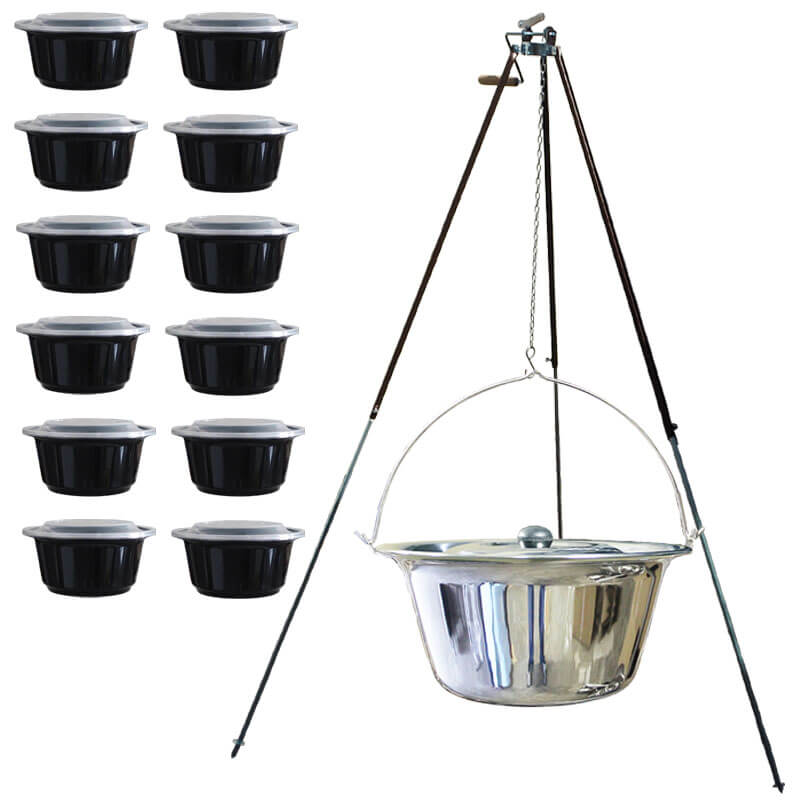 Antikorový kotlík 30 L (1,2 mm) + teleskopická trojnožka s poistnou kladkou + misky 12 ks