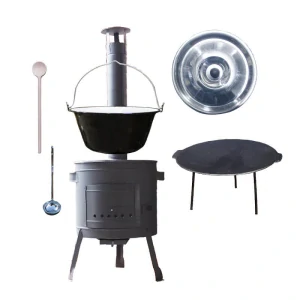 Smaltovaný kotlík 30 L + liatinová panvica 45 cm + nízka žiaruvzdorná kotlina 42 cm PLUS 600