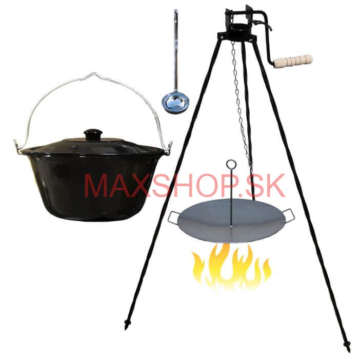 Smaltovaný kotlík 16 L (1,2 mm) + panvica na grilovanie a stojan s kladkou VAR