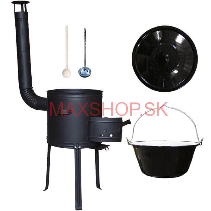 Smaltovaný kotlík 20 L (1,2 mm) + kovová kotlina s vysokými nožičkami 42 cm + vareška a naberačka