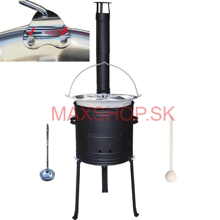 Antikorový kotlík 20 L (0,8 mm) zosilnený s nitmi + kovová kotlina s vysokými nožičkami 42, žiaruvzdorná farba Plus 700 + vareška a naberačka