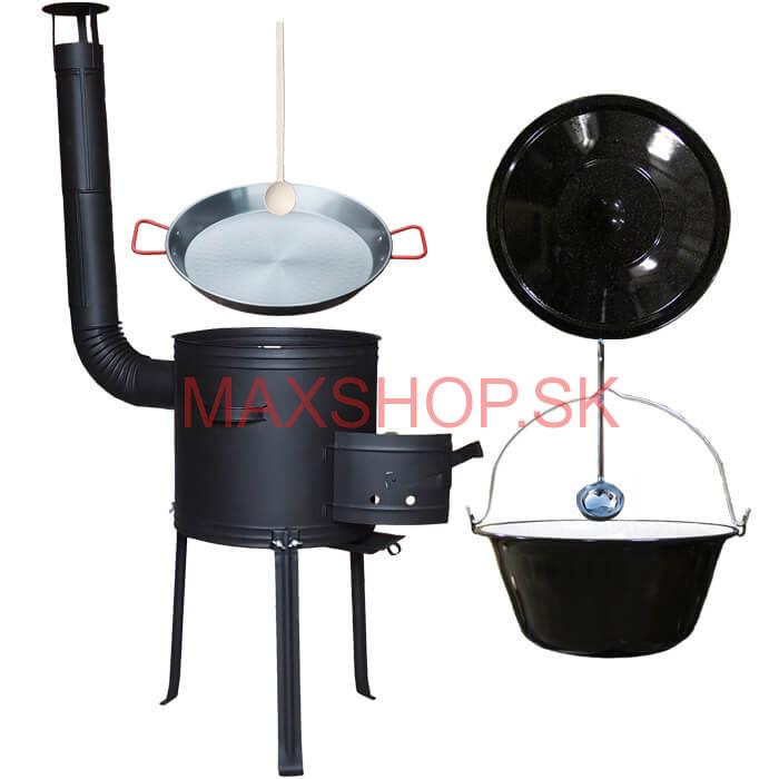 Smaltovaný kotlík 20 L + Paella panvica 46 cm + kovová kotlina s vysokými nožičkami 42 cm, žiaruvzdorná farba Plus 700