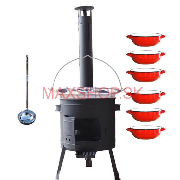 Nerezový kotlík 20 L (1,2 mm) INOX + selské misky 6 ks + nízka žiaruvzdorná kotlina 42 cm PLUS 600