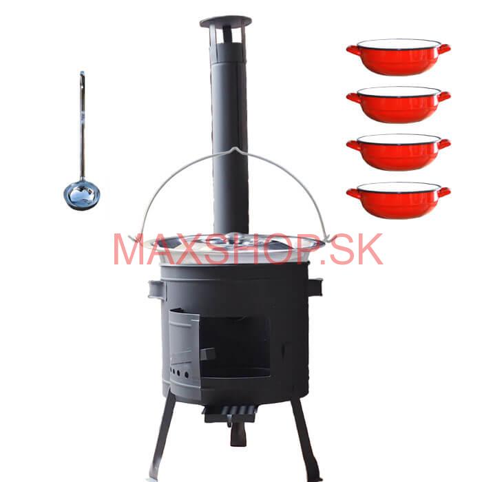 Nerezový kotlík 22 L (0,8 mm) INOX + selské misky 4 ks + nízka žiaruvzdorná kotlina 42 cm PLUS 600