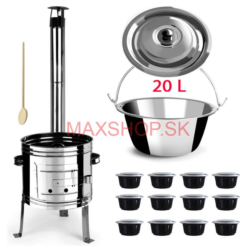 Nerezový kotlík 20 L (1,2 mm) + Nerezová kotlina 42 INOX + vareška + misky 12 ks