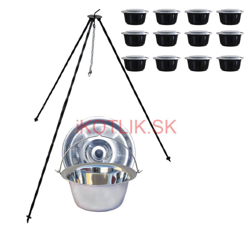 Nerezový kotlík 8 L (0,8 mm) + antikorová pokrievka + stojan + misky 12 ks