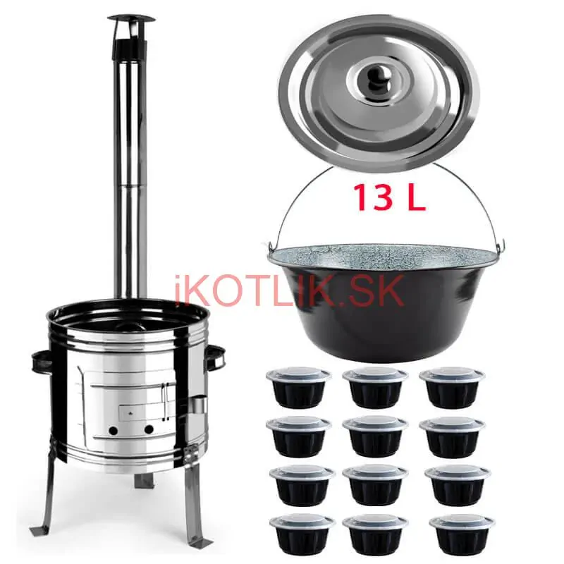 Smaltovaný kotlík 13 L + Nerezová kotlina 36 INOX + misky 12 ks