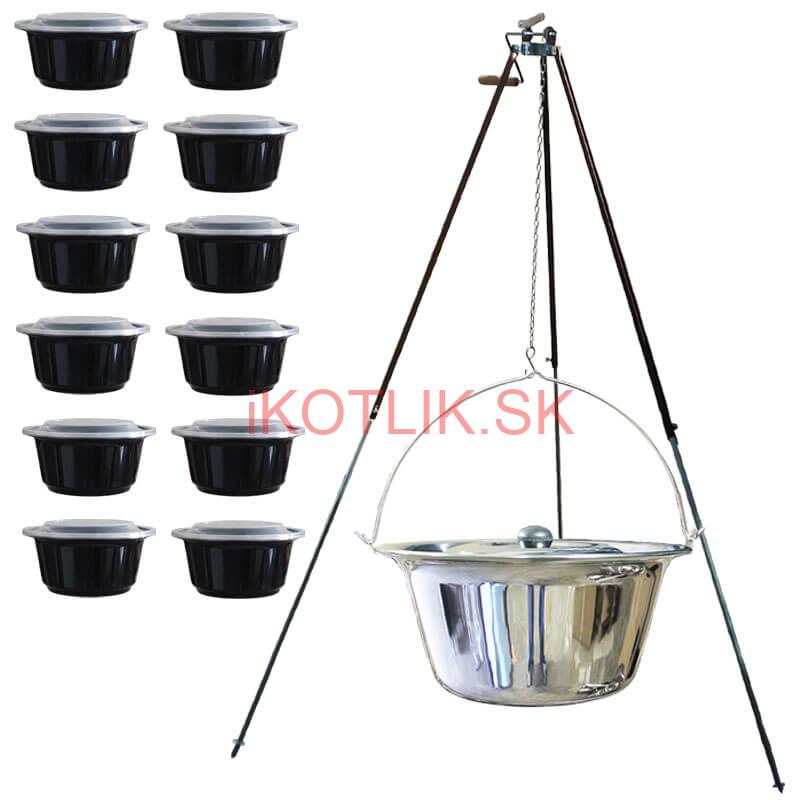 Antikorový kotlík 30 L (1,2 mm) + teleskopická trojnožka s poistnou kladkou + misky 12 ks