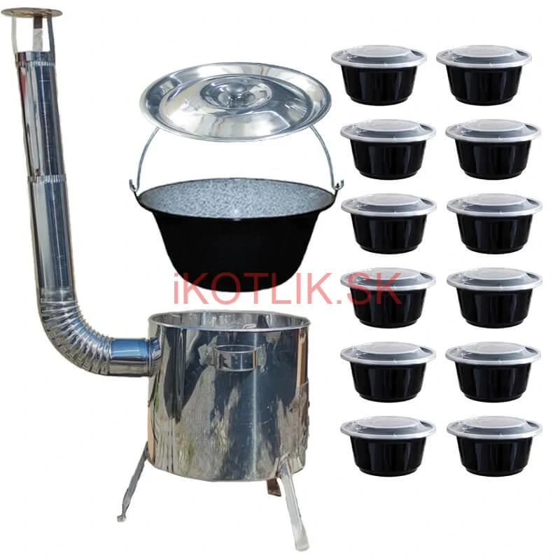 Smaltovaný kotlík 13 L + Nerezová kotlina 36 INOX LUSTRO + misky 12 ks