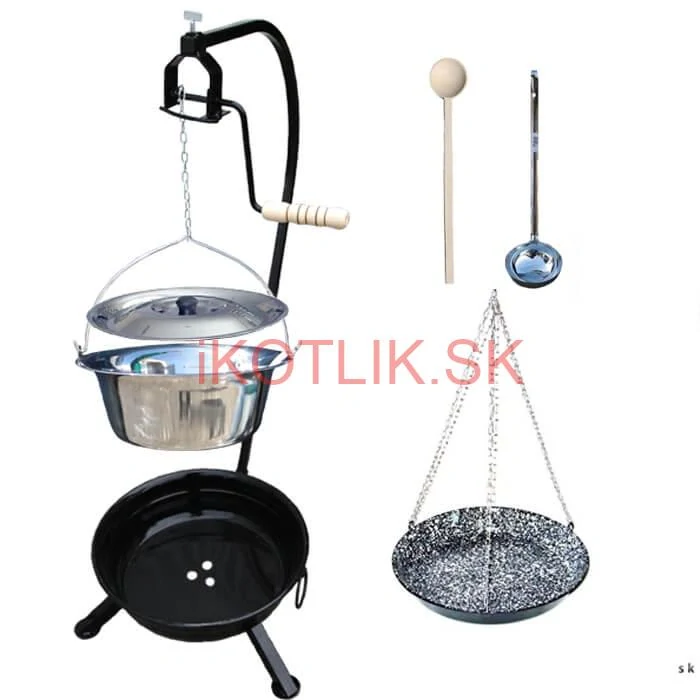 Nerezový kotlík 14 L (0,8 mm) INOX + smaltovaná panvica + ohnisko so stojanom a s poistnou kladkou VAR