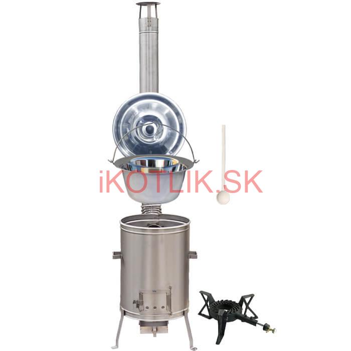 Antikorový kotlík 10 L (1,2 mm) + nerezová kotlina 36 cm + liatinový horák 7 kW, vareška LUX