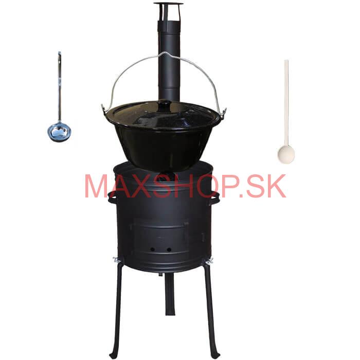 Smaltovaný kotlík 25 L (1,2 mm) + kovová kotlina s vysokými nožičkami 42 cm + vareška a naberačka