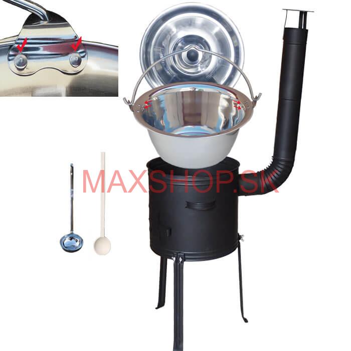 Antikorový kotlík 20 L (0,8 mm) zosilnený s nitmi + kovová kotlina s vysokými nožičkami 42, žiaruvzdorná farba Plus 700 + vareška a naberačka