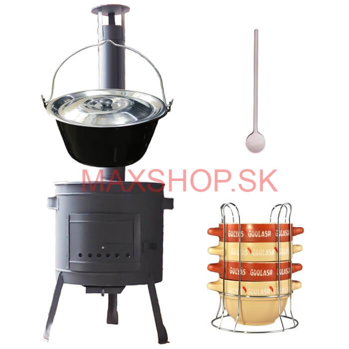 Smaltovaný kotlík 22 L (1,2 mm) + misky na guláš 4 ks + nízka žiaruvzdorná kotlina 42 PLUS 600