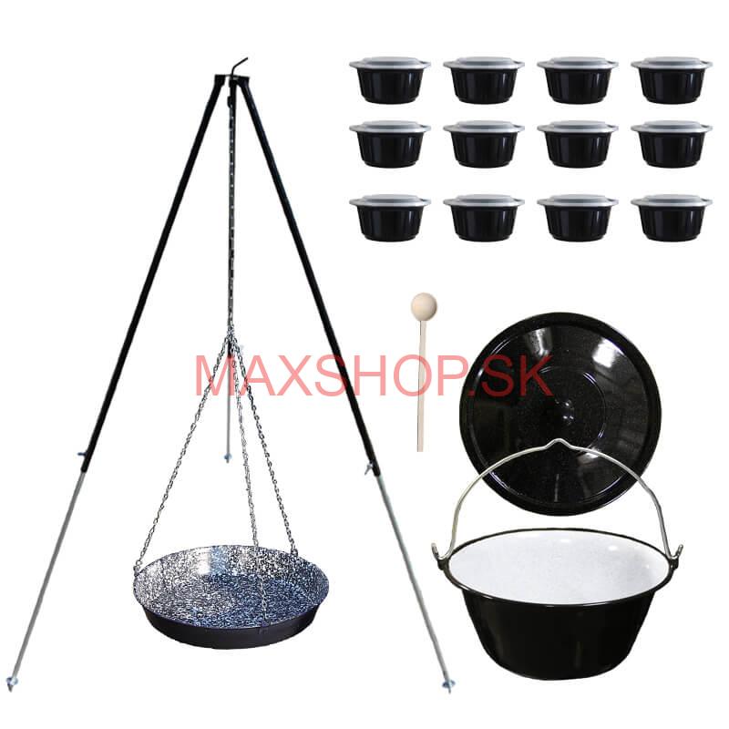 Smaltovaný kotlík 30 L + panvica na grilovanie + teleskopická trojnožka + misky 12 ks