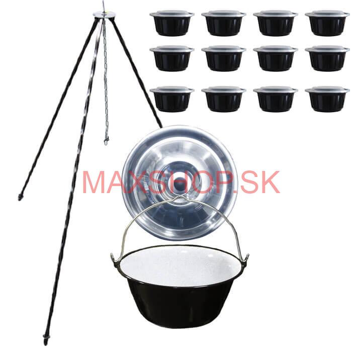 Smaltovaný kotlík 13 L + pokrievka + stojan + misky 12 ks