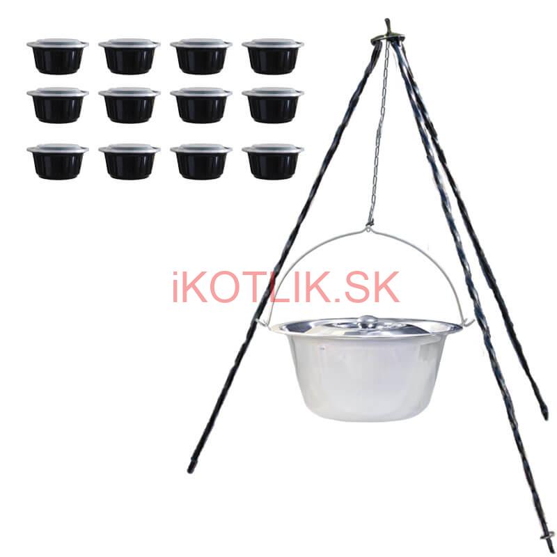Nerezový kotlík 10 L (0,8 mm) + antikorová pokrievka + stojan + misky 12 ks