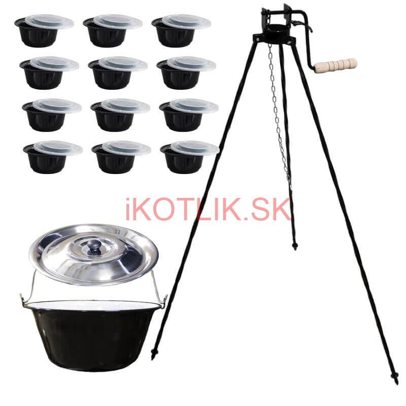Smaltovaný kotlík 20 L + stojan s kladkou VAR + misky 12 ks