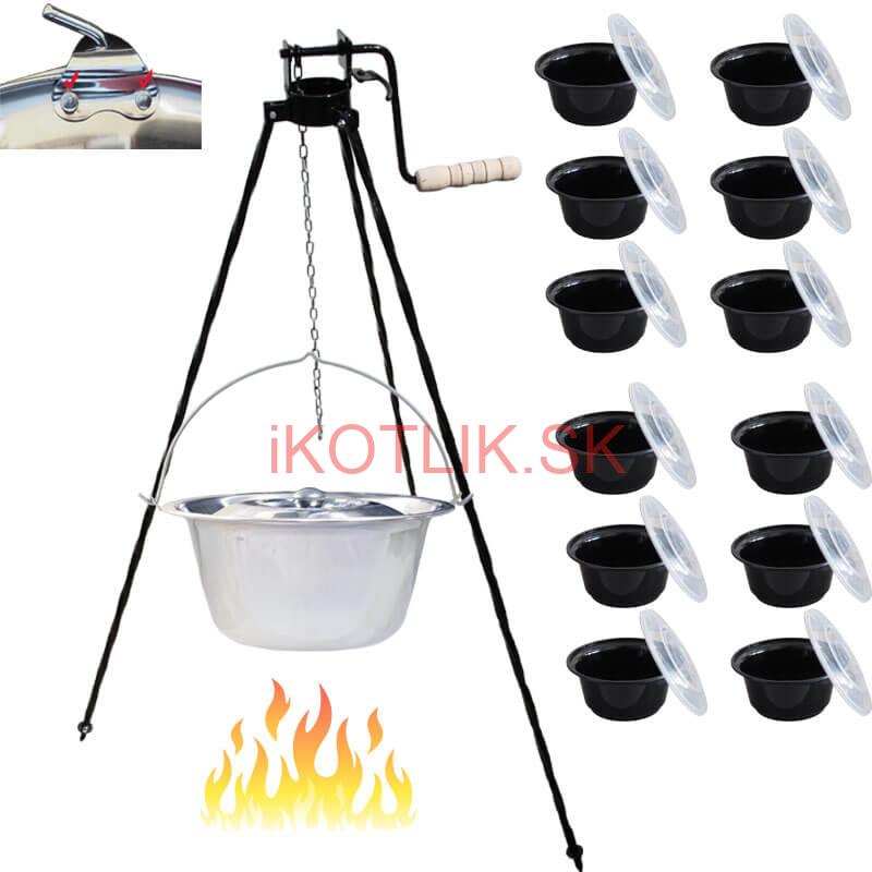 Antikorový kotlík 15 L (0,8 mm) s nitmi + stojan s kladkou VAR + misky 12 ks