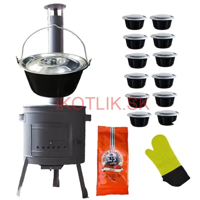 Smaltovaný kotlík 22 L (1,2 mm) + misky 12 ks + nízka žiaruvzdorná kotlina (1,5 mm) 42 PLUS 600