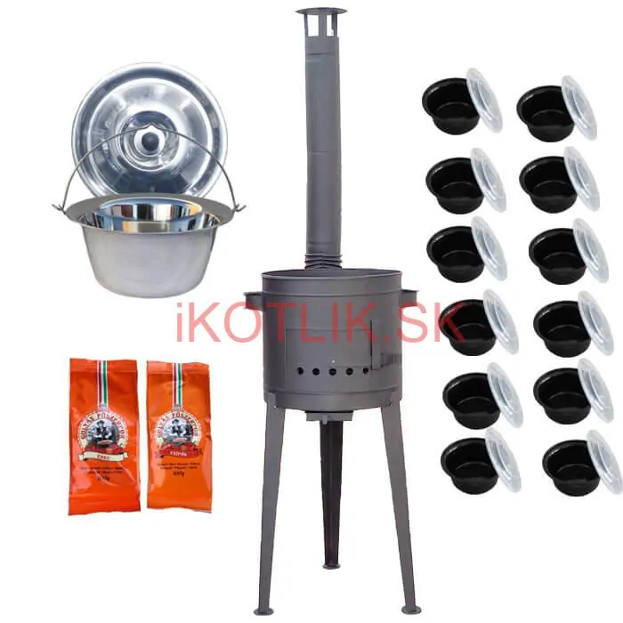 Nerezový kotlík 22 L (0,8 mm) INOX + vysoká žiaruvzdorná  kotlina 42 cm PLUS 600 + misky 12 ks + 2 x korenie na guláš 100 g