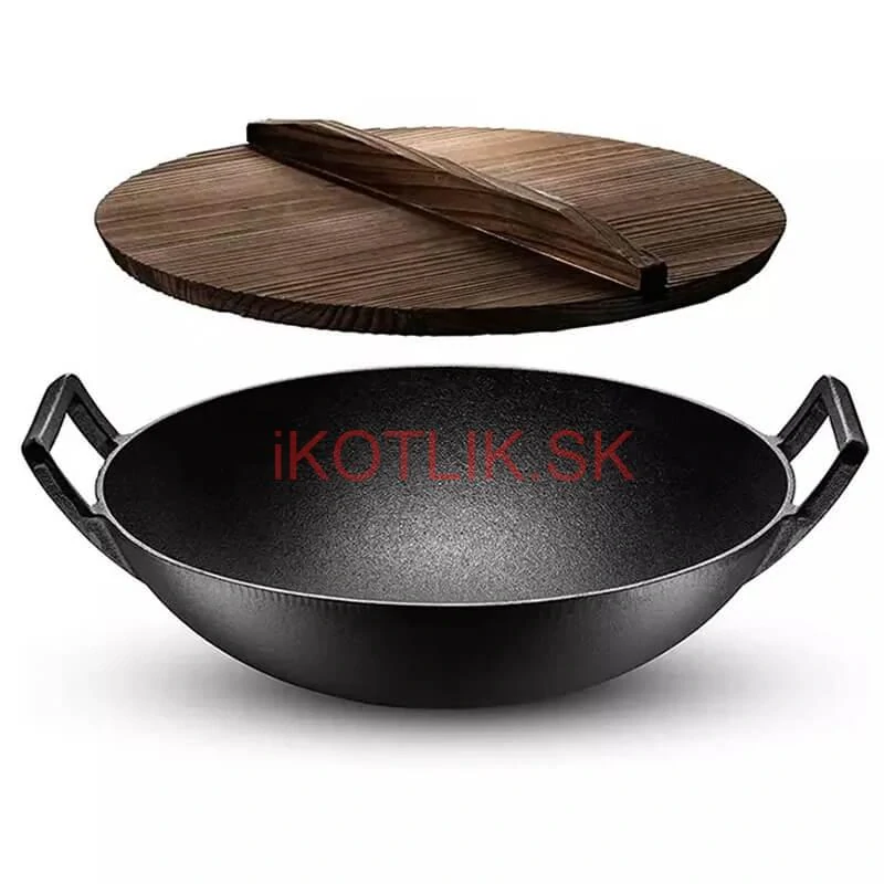 Liatinový čínsky wok 36,5 cm s drevenou pokrievkou