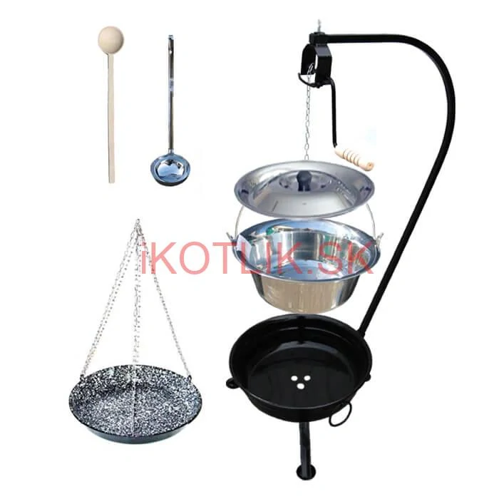 Nerezový kotlík 20 L (1,2 mm) INOX + smaltovaná panvica + ohnisko so stojanom a s poistnou kladkou VAR