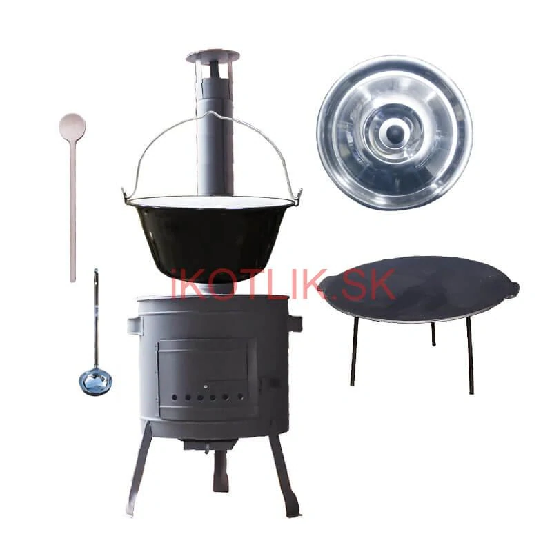 Smaltovaný kotlík 22 L + liatinová panvica 45 cm + nízka žiaruvzdorná kotlina 42 cm PLUS 600