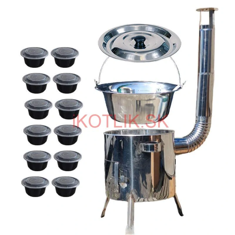 Nerezový kotlík 14 L (0,8 mm) INOX + Nerezová kotlina 36 INOX LUSTRO + misky 12 ks