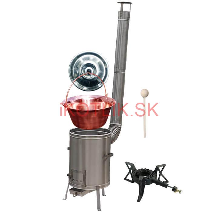 Medený kotlík 30 L (1,2 mm) + nerezová kotlina 42 cm + liatinový horák 7 kW, vareška LUX