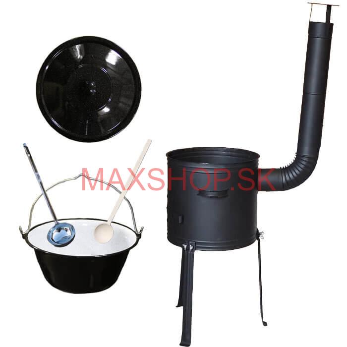 Smaltovaný kotlík 13 L (1,2 mm) + kovová kotlina s vysokými nožičkami 36 cm + vareška a naberačka