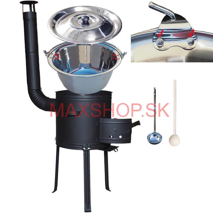 Antikorový kotlík 20 L (0,8 mm) zosilnený s nitmi + kovová kotlina s vysokými nožičkami 42, žiaruvzdorná farba Plus 700 + vareška a naberačka