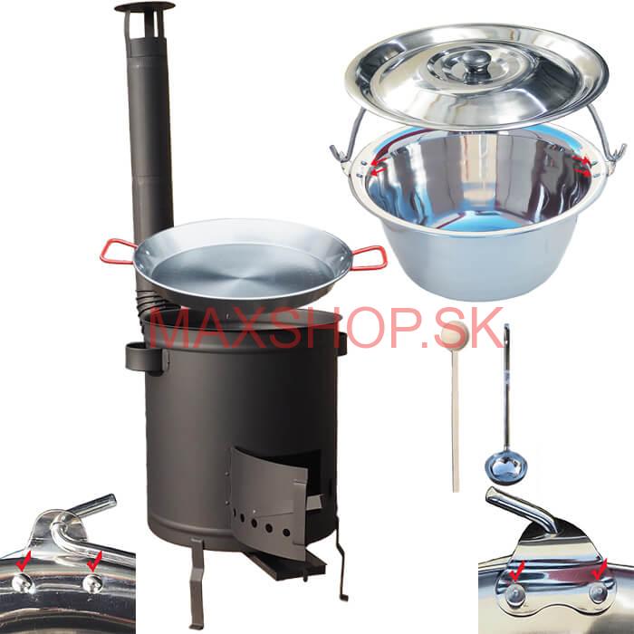 Nerezový kotlík 15 L (0,8 mm) zosilnený s nitmi + Paella panvica 38 cm + hrubostenná (1,5 mm) žiaruvzdorná kotlina 36 PLUS 600