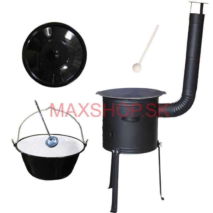 Smaltovaný kotlík 25 L + Liatinová panvica 45 cm + kovová kotlina s vysokými nožičkami 42 cm, žiaruvzdorná farba Plus 700