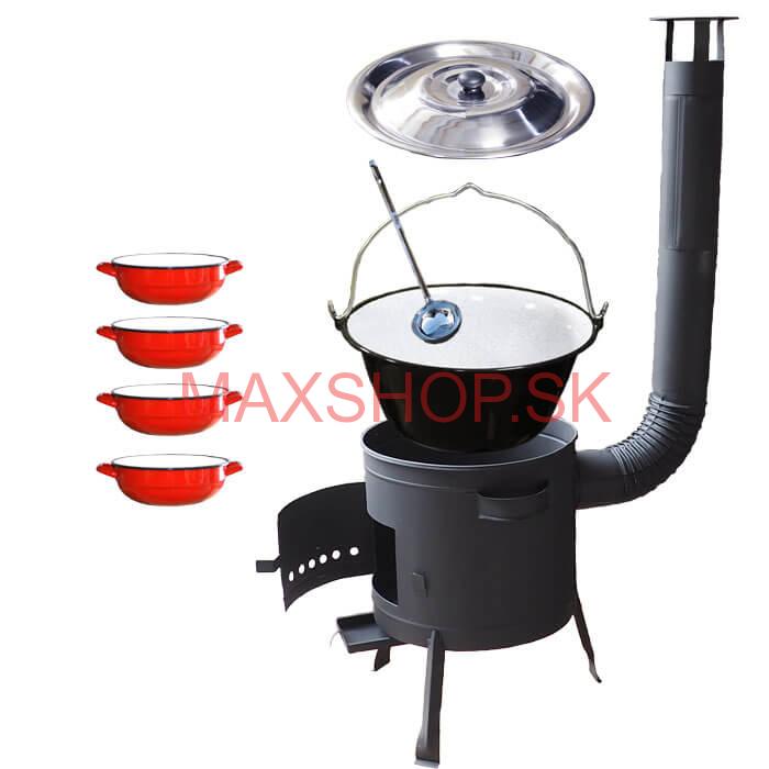 Smaltovaný kotlík 20 L + selské misky 4 ks + nízka žiaruvzdorná kotlina 42 cm PLUS 600