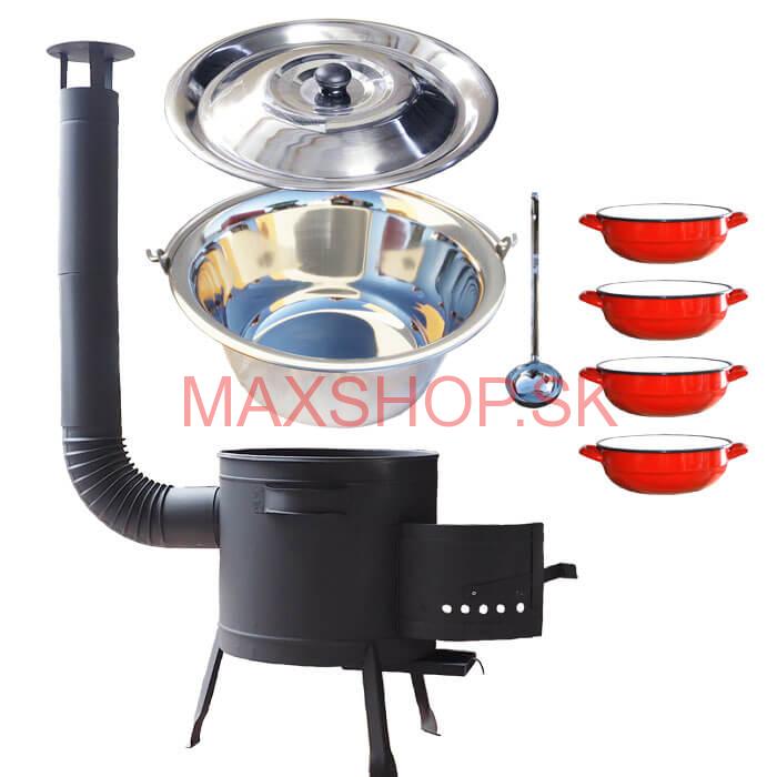 Nerezový kotlík 22 L (0,8 mm) INOX + selské misky 4 ks + nízka žiaruvzdorná kotlina 42 cm PLUS 600