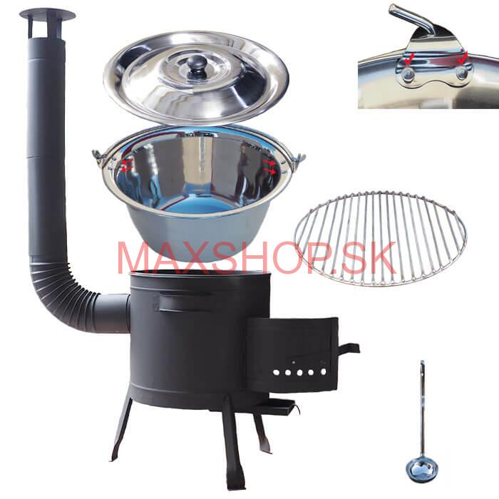 Nerezový kotlík 20 L (0,8 mm) s nitmi INOX + Nerezový rošt 45 cm + nízka žiaruvzdorná kotlina 42 cm PLUS 600