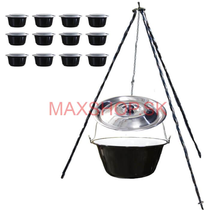 Smaltovaný kotlík 13 L + pokrievka + stojan + misky 12 ks